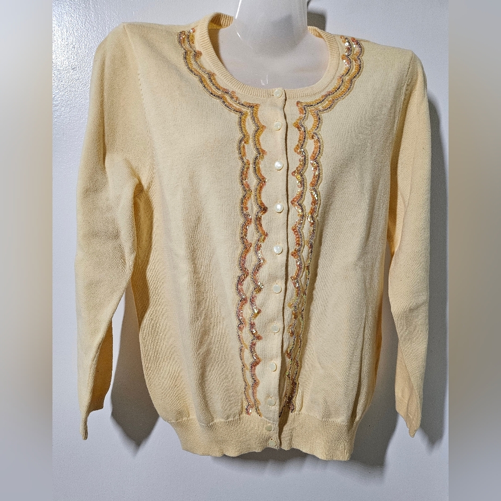 One of a kind Odille Anthro Sequins Yellow 3/4 sleeves Button Up Sweater sz S